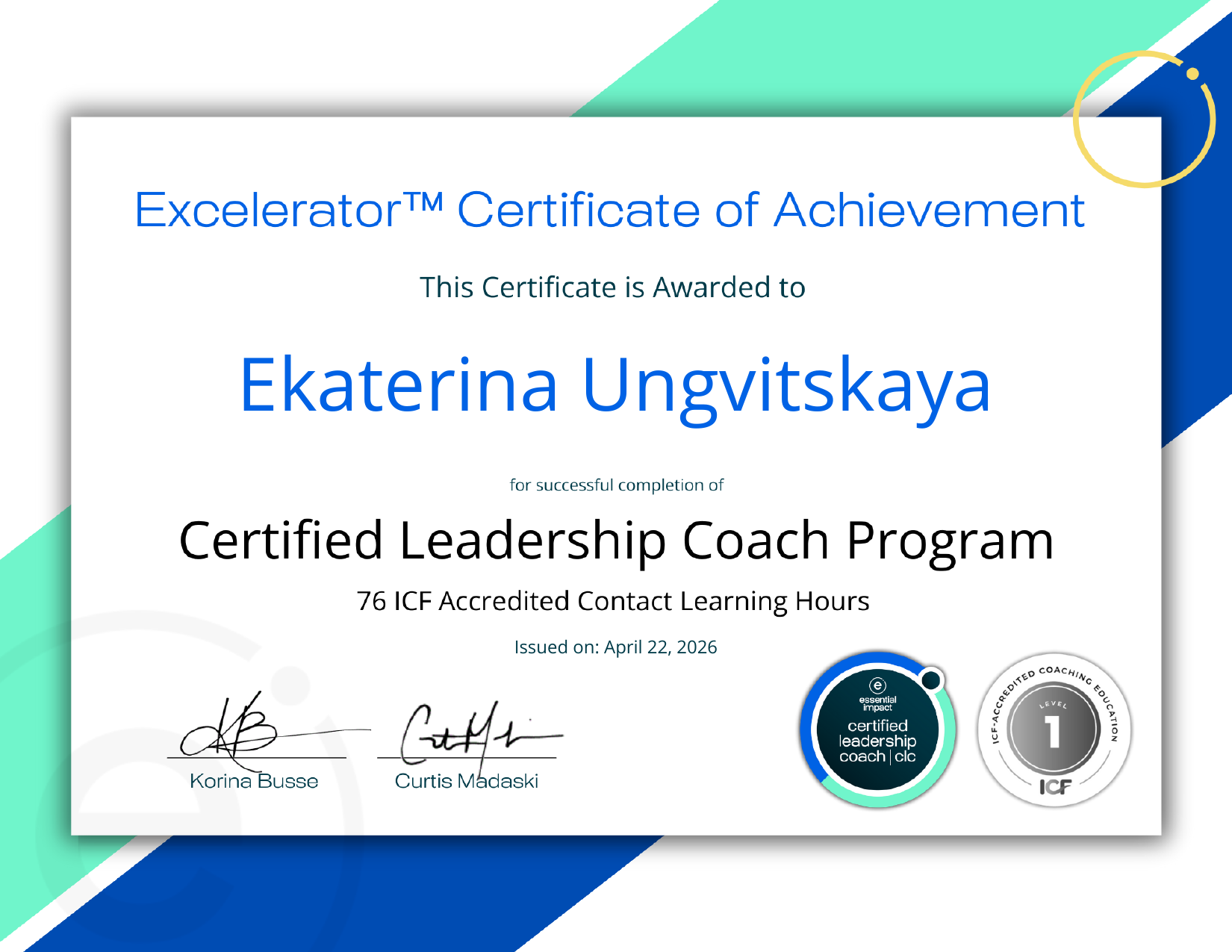 Certified Leadership Coach certificate awarded to Ekaterina Ungvitskaya